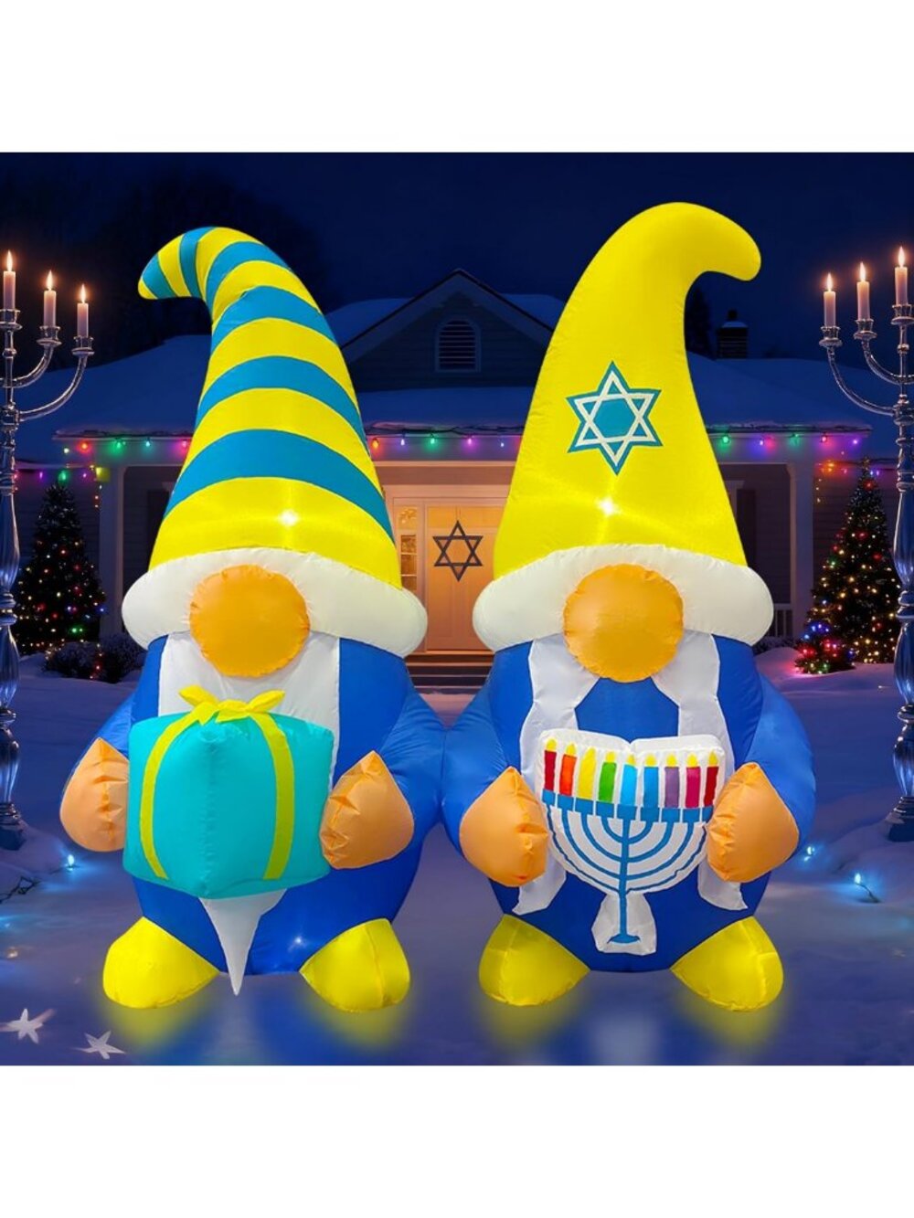 4FT Inflatable Hanukkah Gnomes with Menorah & Gift Box - LED Outdoor Decor